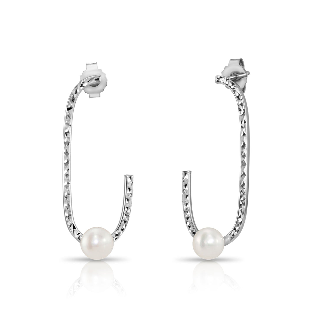 925 Sterling Silver Freshwater Pearl Diamond-cut Oval Stud Drop Earrings