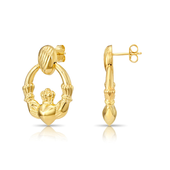 925 Sterling Silver Heart & Crown Claddagh Gold Tone Stud Drop Earrings, Pushback