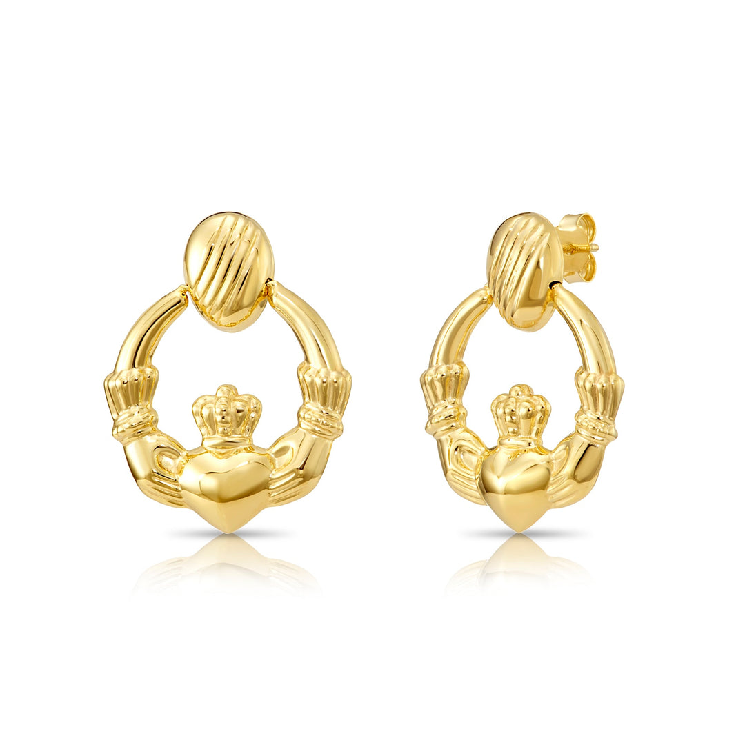 925 Sterling Silver Heart & Crown Claddagh Gold Tone Stud Drop Earrings, Pushback