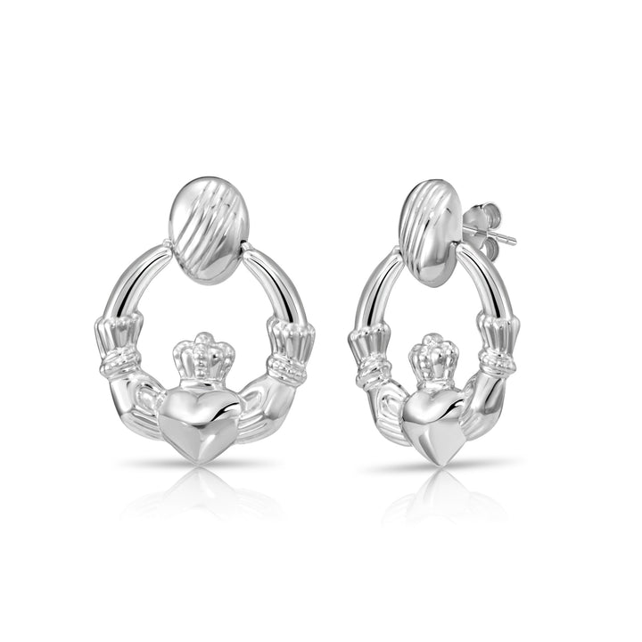 925 Sterling Silver Heart & Crown Claddagh Stud Drop Earrings, Pushback