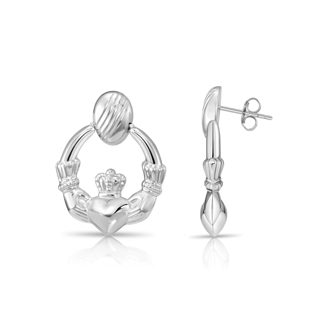 925 Sterling Silver Heart & Crown Claddagh Stud Drop Earrings, Pushback