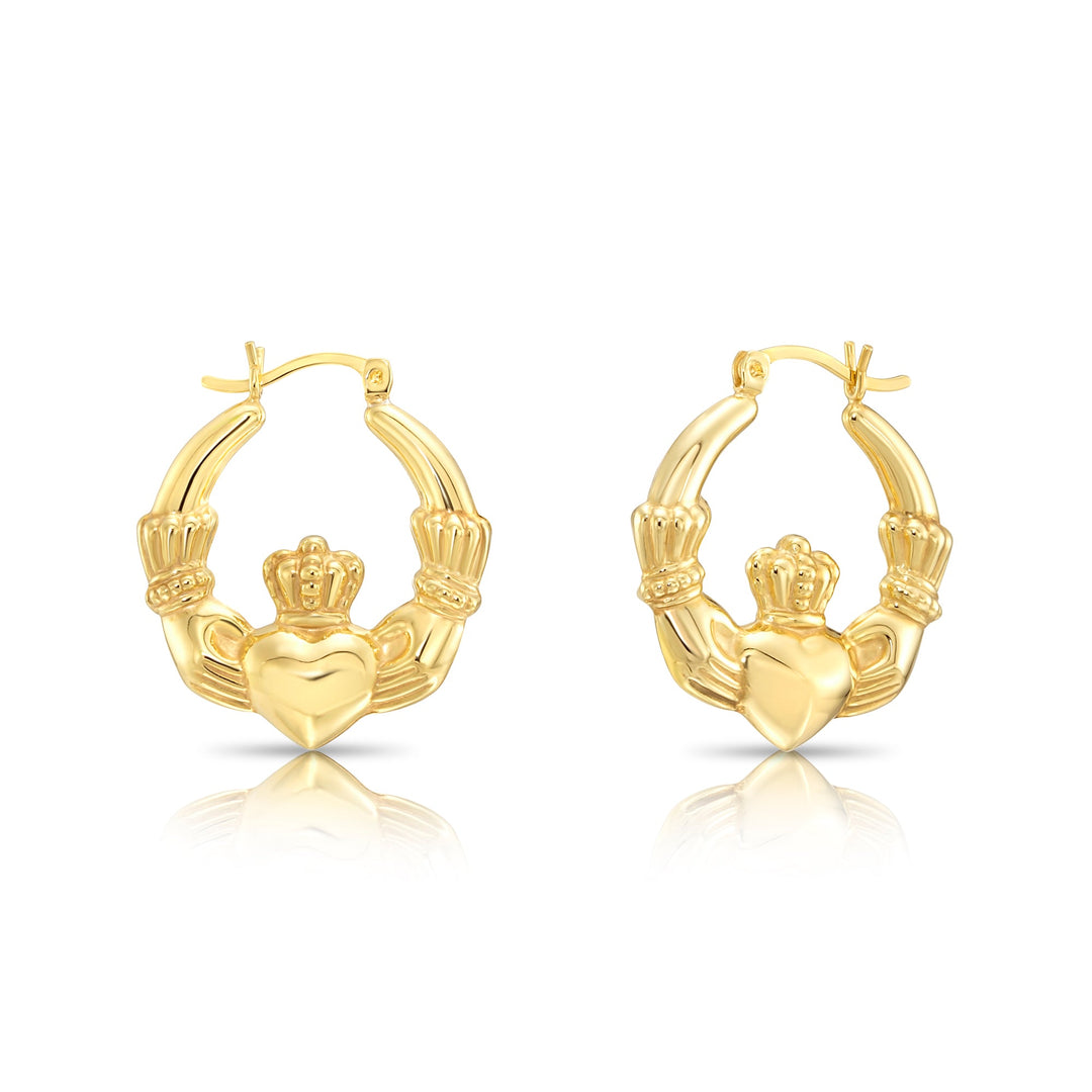 925 Sterling Silver Heart & Crown Claddagh Gold Tone Hoops