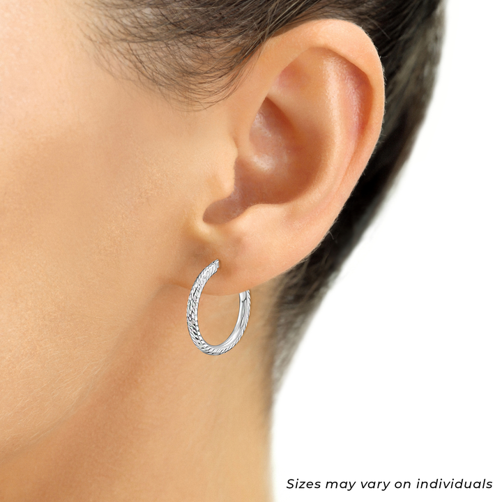 925 Sterling Silver Diamond Cut Double Notch Pattern Hoop Earrings