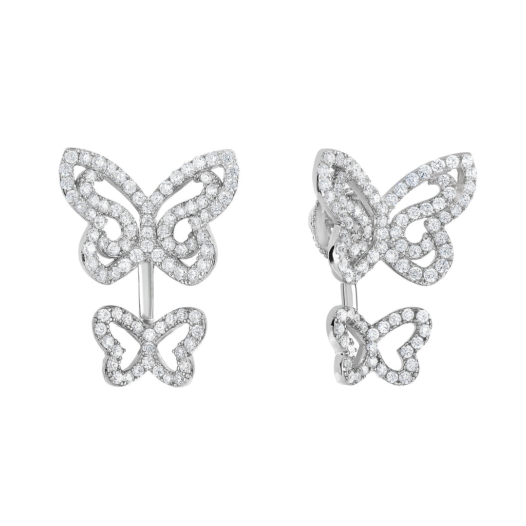925 Sterling Silver Double Butterfly Cubic Zirconia Front - Back Stud and Ear Jacket Drop Earring Set