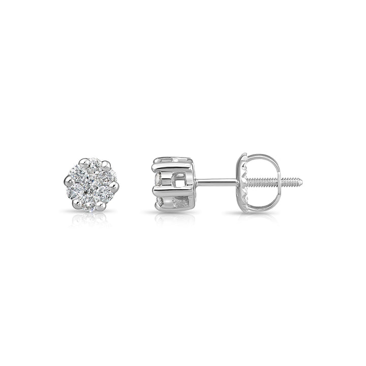 14K White Gold Diamond Cluster Stud Earring with Screw-Back