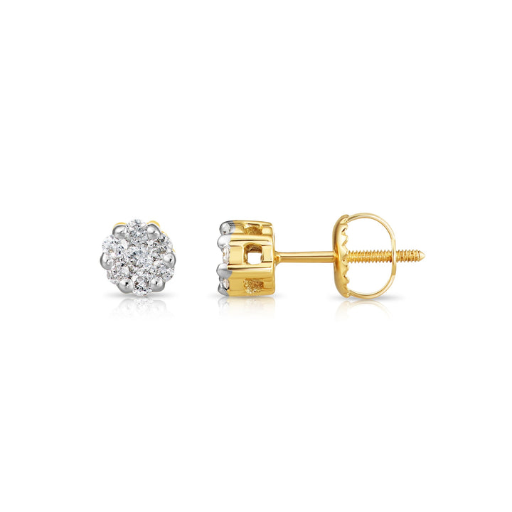 14K Yellow Gold Diamond Cluster Stud Earring with Screw-Back