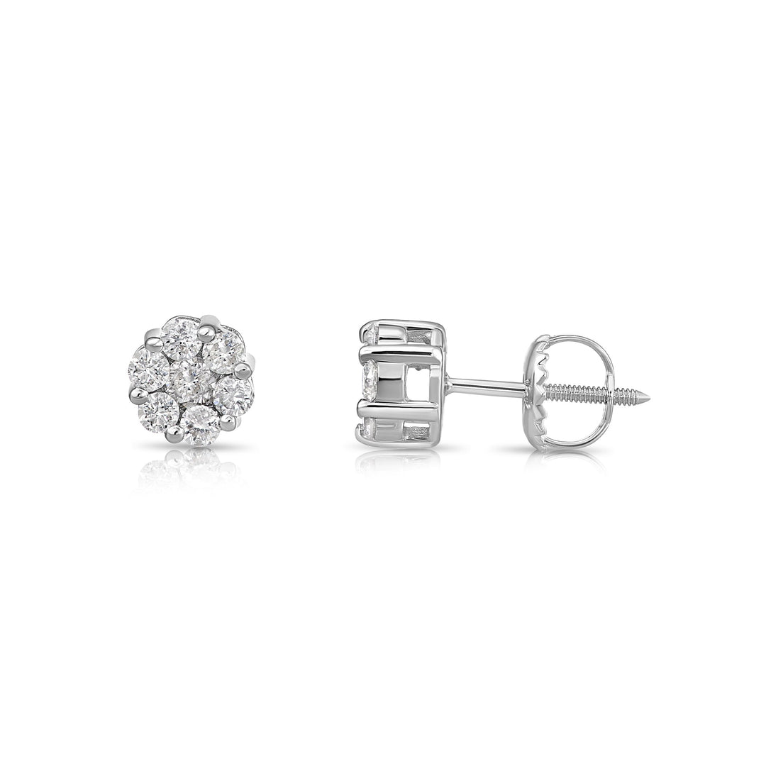14K White Gold Diamond Cluster Stud Earring with Screw-Back