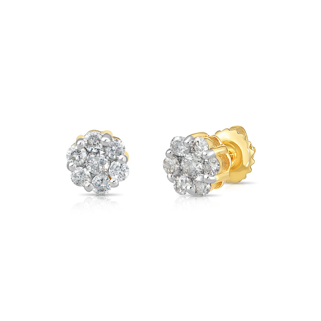 14K Yellow Gold Diamond Cluster Stud Earring with Screw-Back