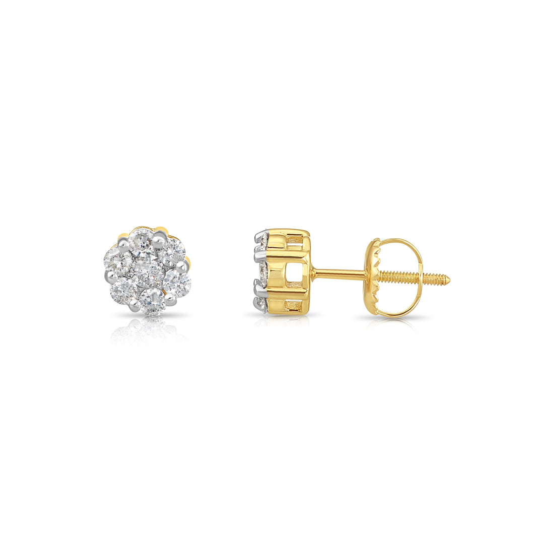 14K Yellow Gold Diamond Cluster Stud Earring with Screw-Back