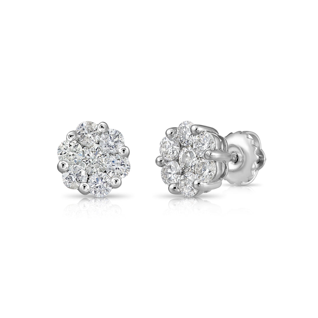 14K White Gold Diamond Cluster Stud Earring with Screw-Back