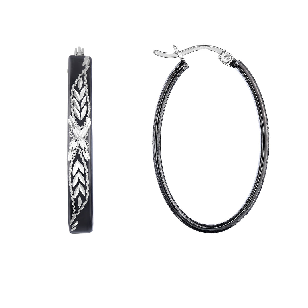 Sterling Silver Diamond Cut Black Oval Hoops NYF28699