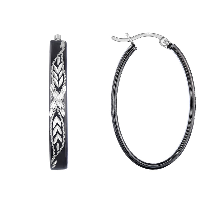 Sterling Silver Diamond Cut Black Oval Hoops NYF28699