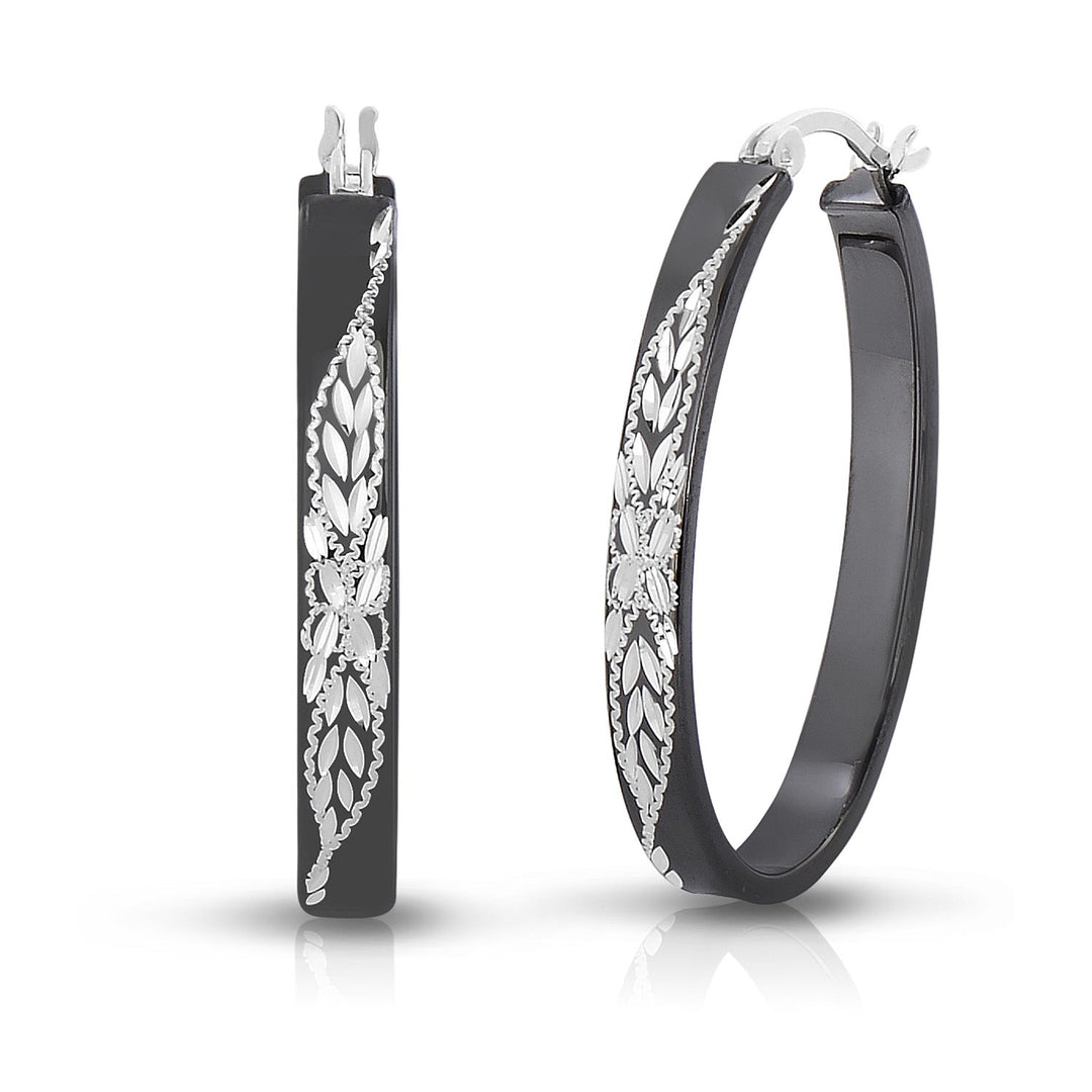 Sterling Silver Diamond Cut Black Oval Hoops NYF28699