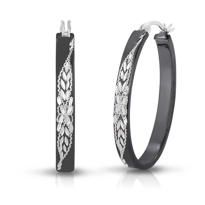 Sterling Silver Diamond Cut Black Oval Hoops NYF28699