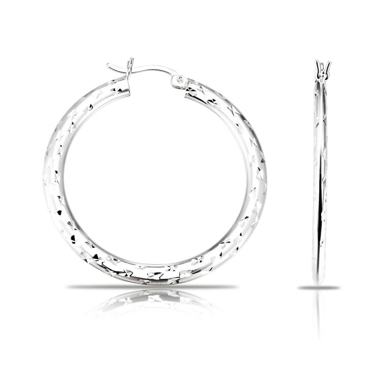 Flat Round Hoop Earrings with Diamond cut in 925 Sterling Silver