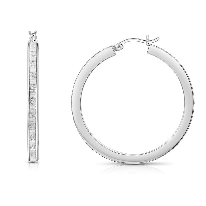 Square-Tube Glitter Finish Shiny Hoop Earrings in 925 Sterling Silver