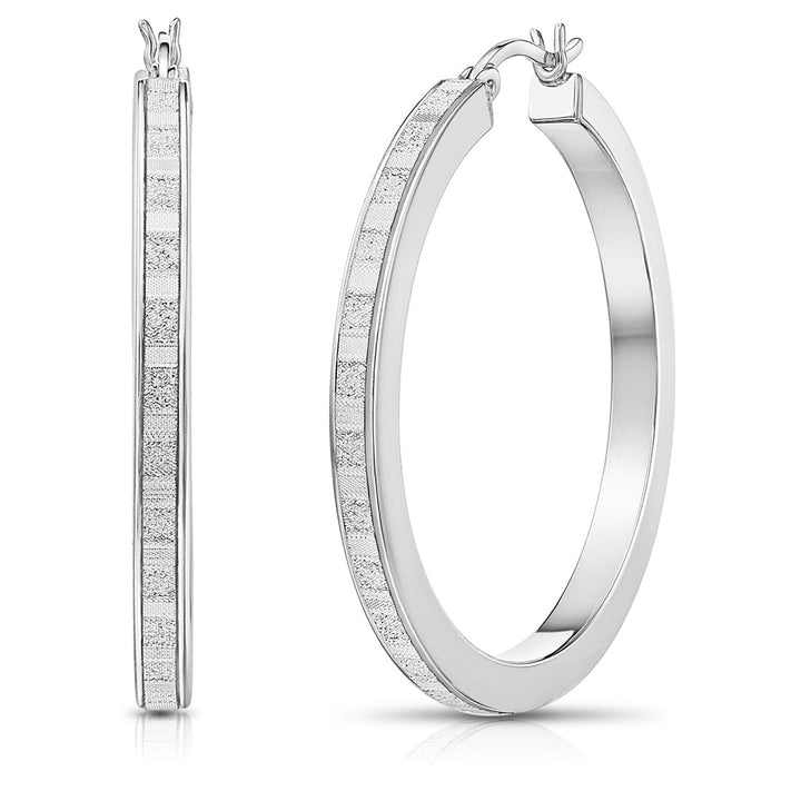 Square-Tube Glitter Finish Shiny Hoop Earrings in 925 Sterling Silver