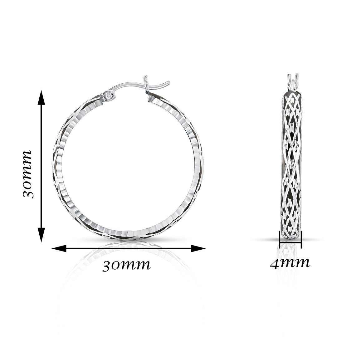925 Sterling Silver Diamond Cut Black Rhodium Round Hoop Earrings