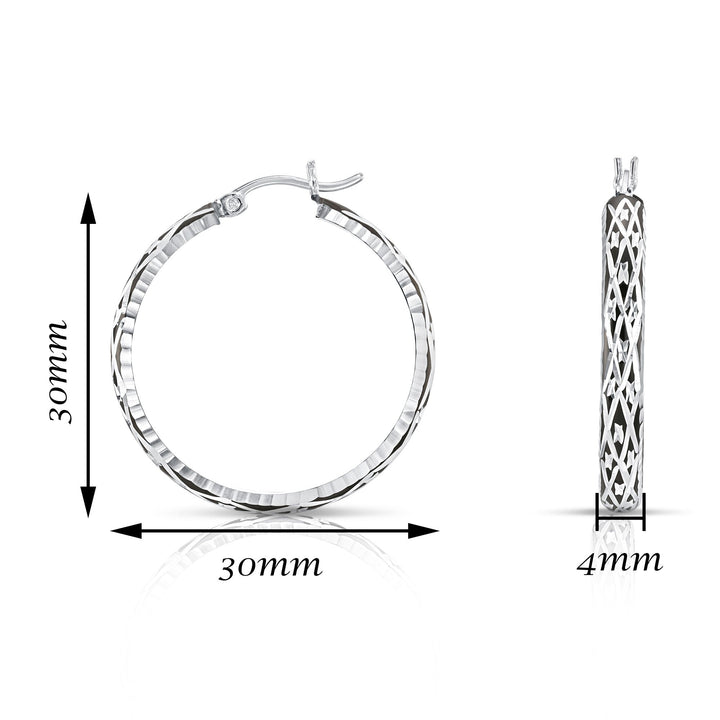 925 Sterling Silver Diamond Cut Black Rhodium Round Hoop Earrings