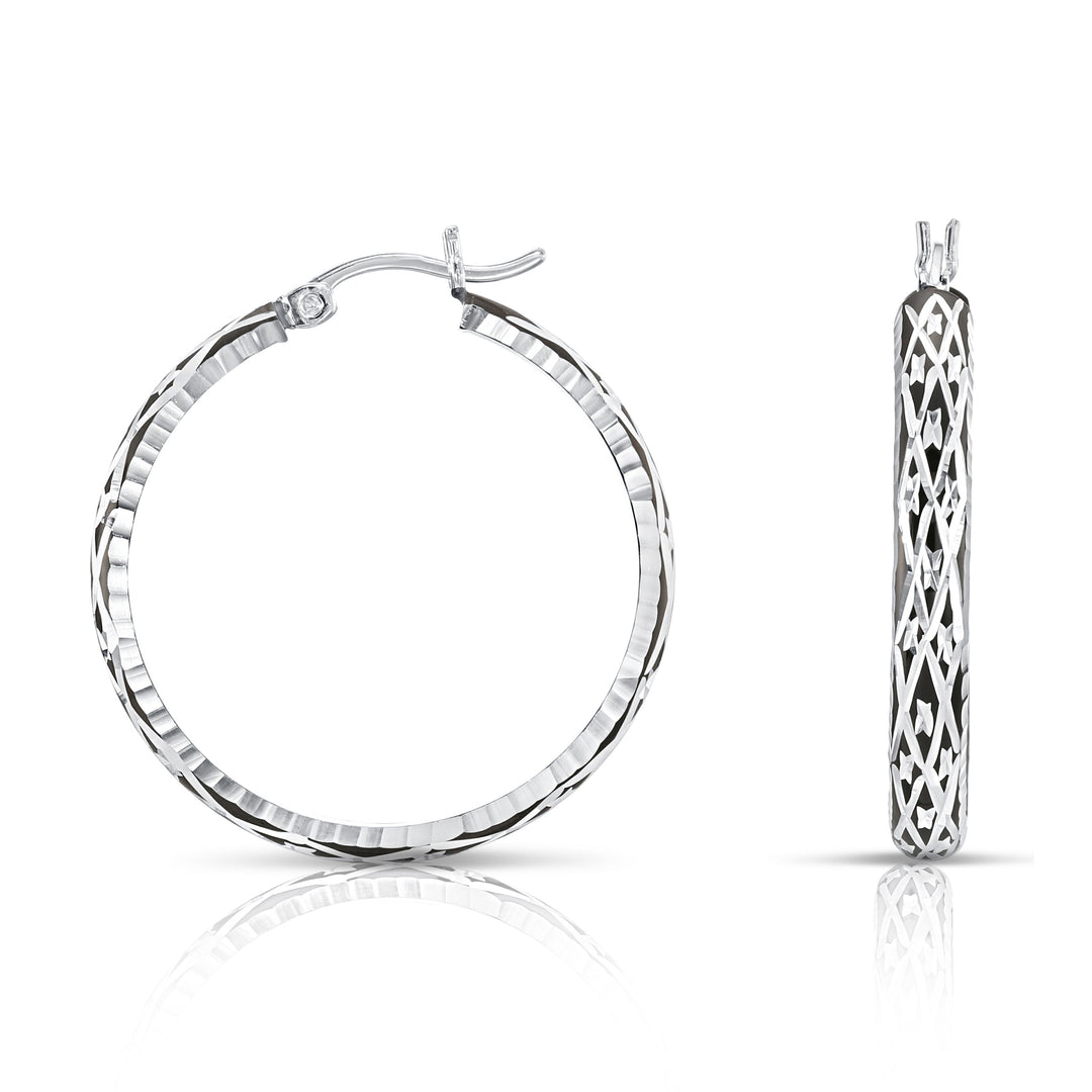925 Sterling Silver Diamond Cut Black Rhodium Round Hoop Earrings