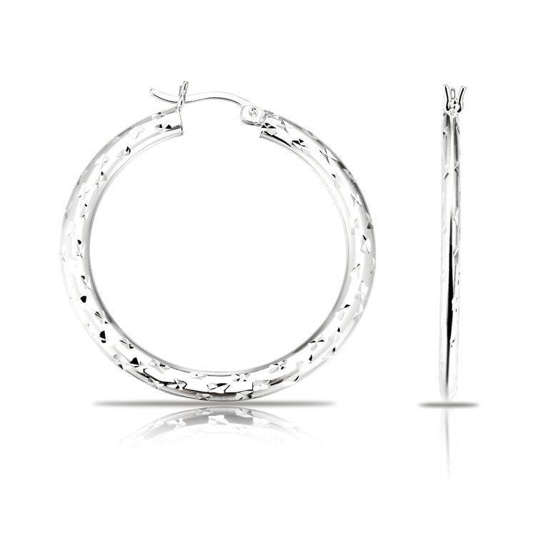 925 Sterling Silver Diamond Cut Round Hoop Earrings