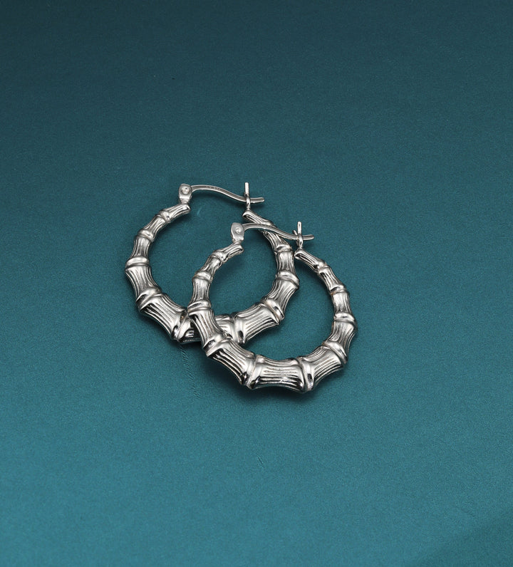 925 Sterling Silver Bamboo Accent Hoops - 35 MM