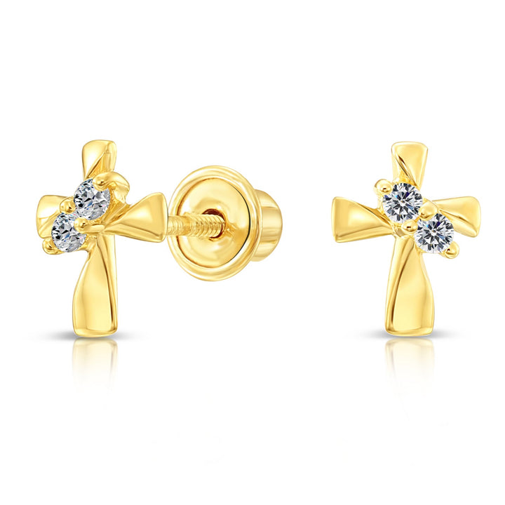 10k Yellow Gold Cross Cubic Zirconia Stud Earrings