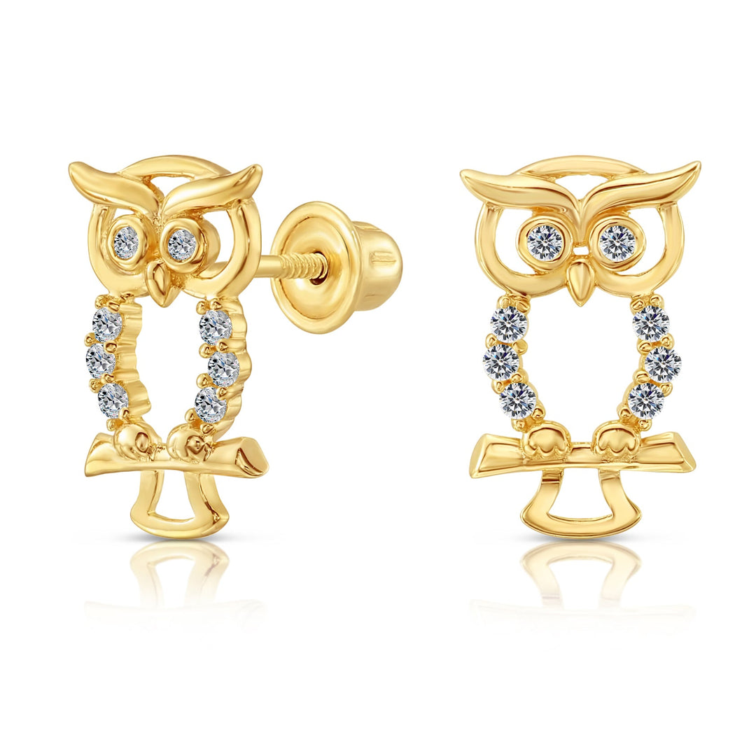10k Yellow Gold Cubic Zirconia Owl Drop Stud Earrings