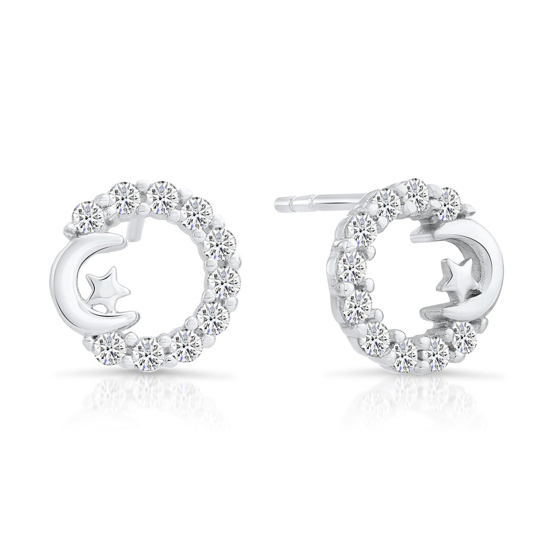 Sterling Silver Cubic Zirconia Moon and Stars Stud Earrings
