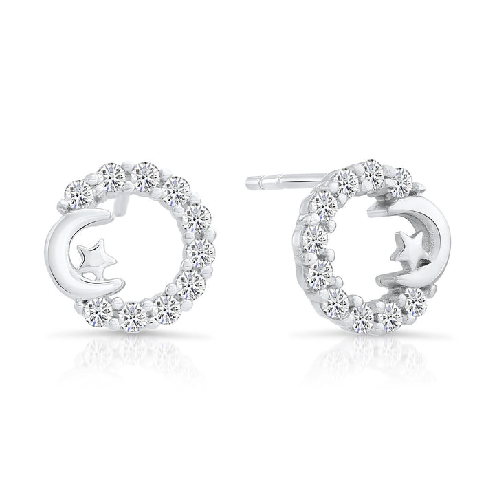 Sterling Silver Cubic Zirconia Moon and Stars Stud Earrings