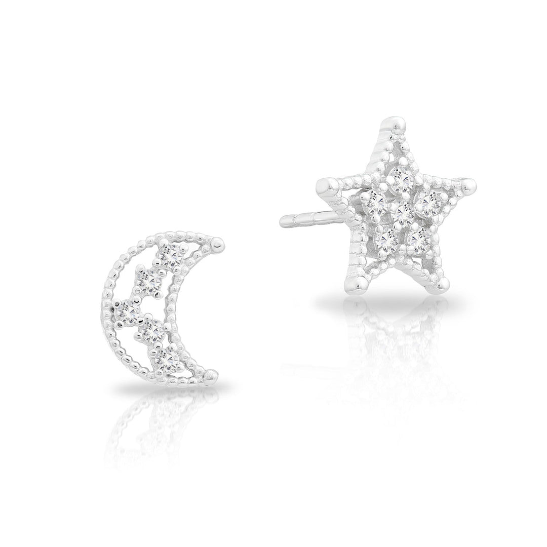 Sterling Silver Cubic Zirconia Star & Moon Stud Earrings