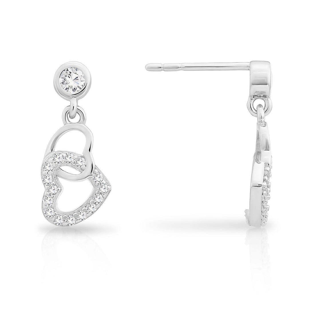 Sterling Silver Cubic Zirconia Heart Stud Dangle Earrings
