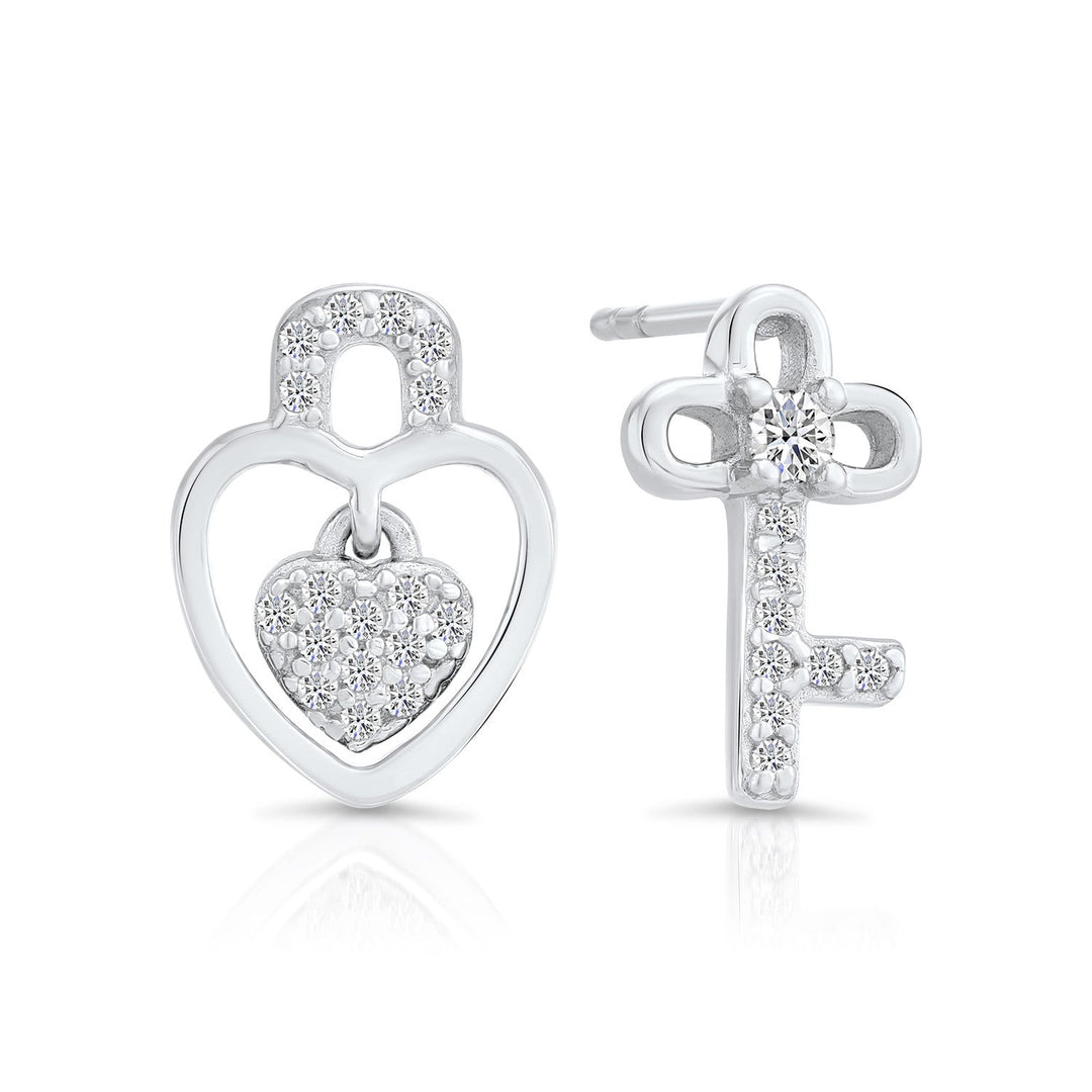 Sterling Silver Cubic Zirconia Lock n Key Stud Earring