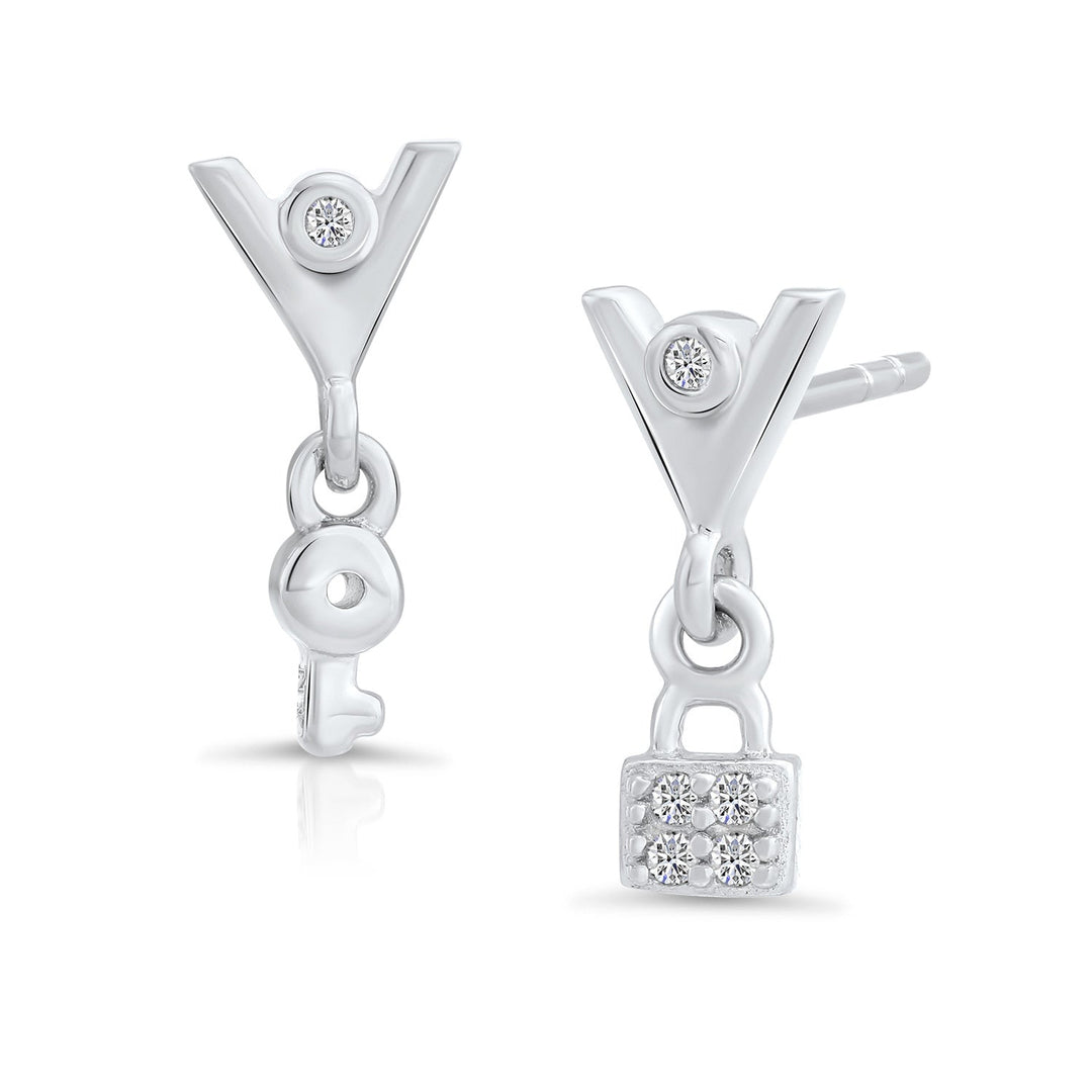 Sterling Silver & Cubic Zirconia Lock n Key Dangle Stud Earrings NYFLE3802