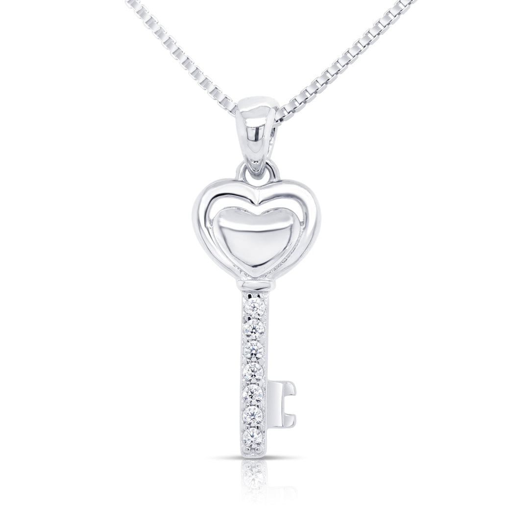 925 Sterling Silver Heart n' Key Cubic Zirconia Pendant Necklace