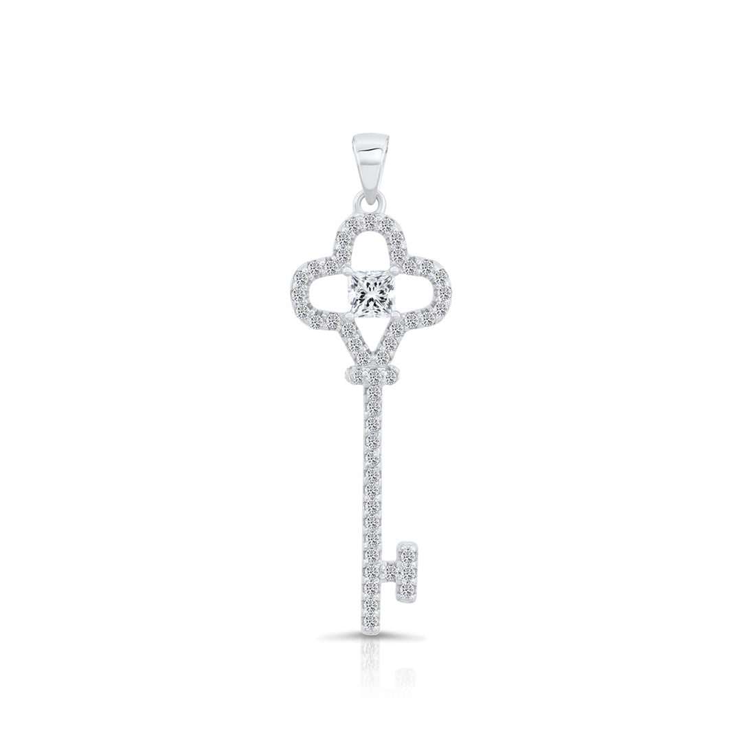 Sterling Silver Key Shape Pendant with Cubic Zirconia