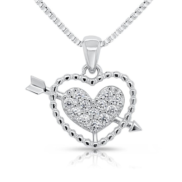 925 Sterling Silver Milgrain Heart & Arrow Cubic Zirconia Pendant Necklace