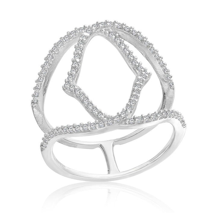 Sterling Silver Double Band Crossover Open Ring Two-linked Cubic Zirconia Bracket ring