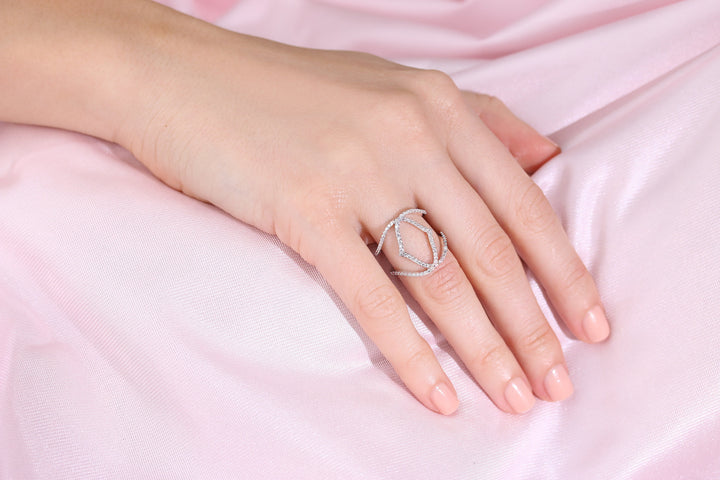 Sterling Silver Double Band Crossover Open Ring Two-linked Cubic Zirconia Bracket ring