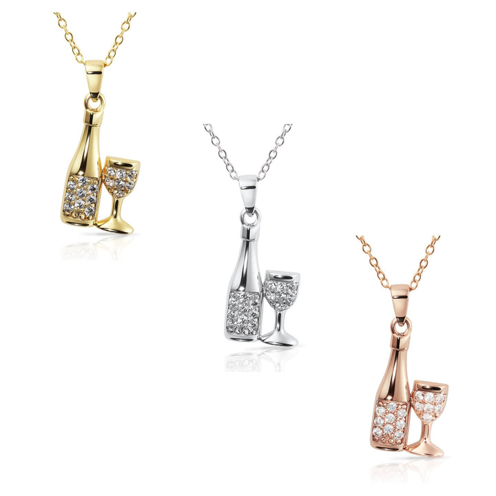 Sterling Silver Cubic Zirconia New Year Celebration Champagne and Glass Pendant Necklace