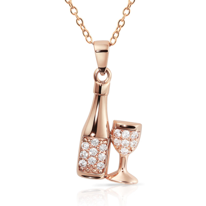 Sterling Silver Cubic Zirconia New Year Celebration Champagne and Glass Pendant Necklace