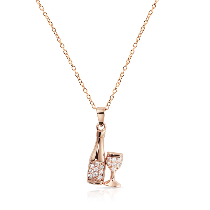 Sterling Silver Cubic Zirconia New Year Celebration Champagne and Glass Pendant Necklace