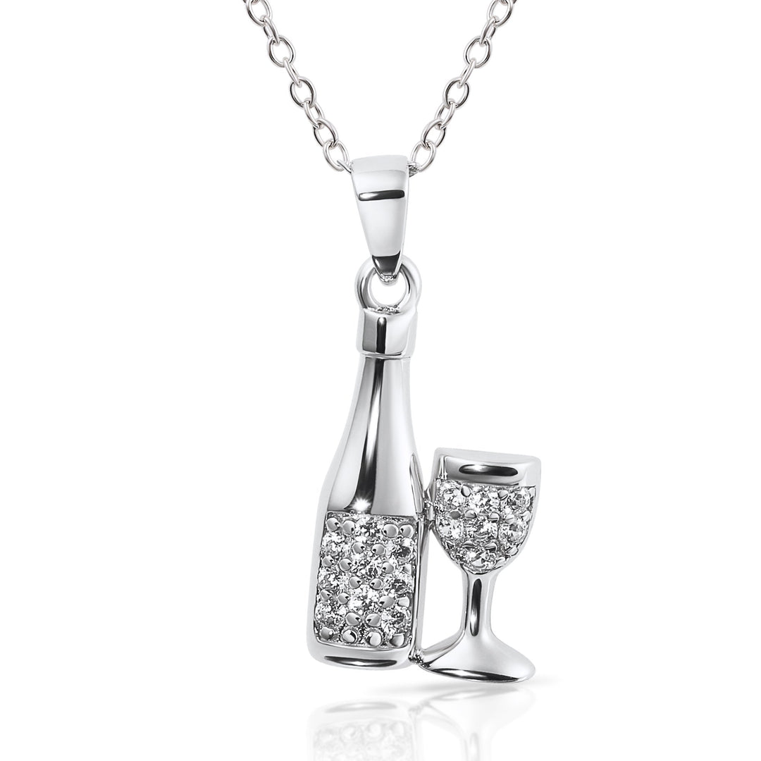 Sterling Silver Cubic Zirconia New Year Celebration Champagne and Glass Pendant Necklace