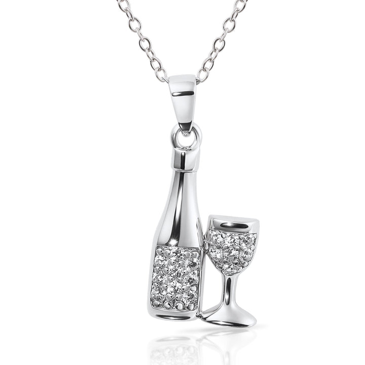 Sterling Silver Cubic Zirconia New Year Celebration Champagne and Glass Pendant Necklace