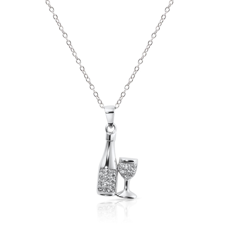 Sterling Silver Cubic Zirconia New Year Celebration Champagne and Glass Pendant Necklace