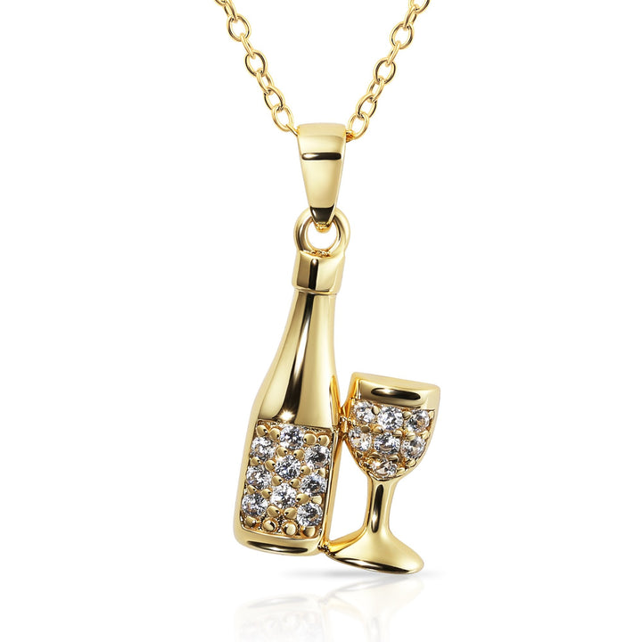 Sterling Silver Cubic Zirconia New Year Celebration Champagne and Glass Pendant Necklace