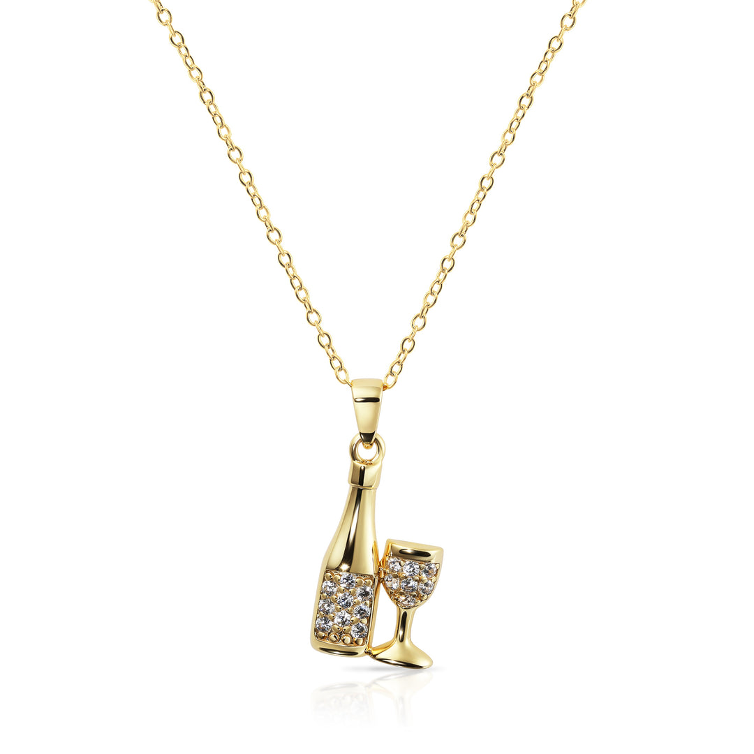 Sterling Silver Cubic Zirconia New Year Celebration Champagne and Glass Pendant Necklace