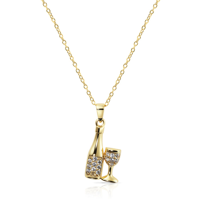 Sterling Silver Cubic Zirconia New Year Celebration Champagne and Glass Pendant Necklace