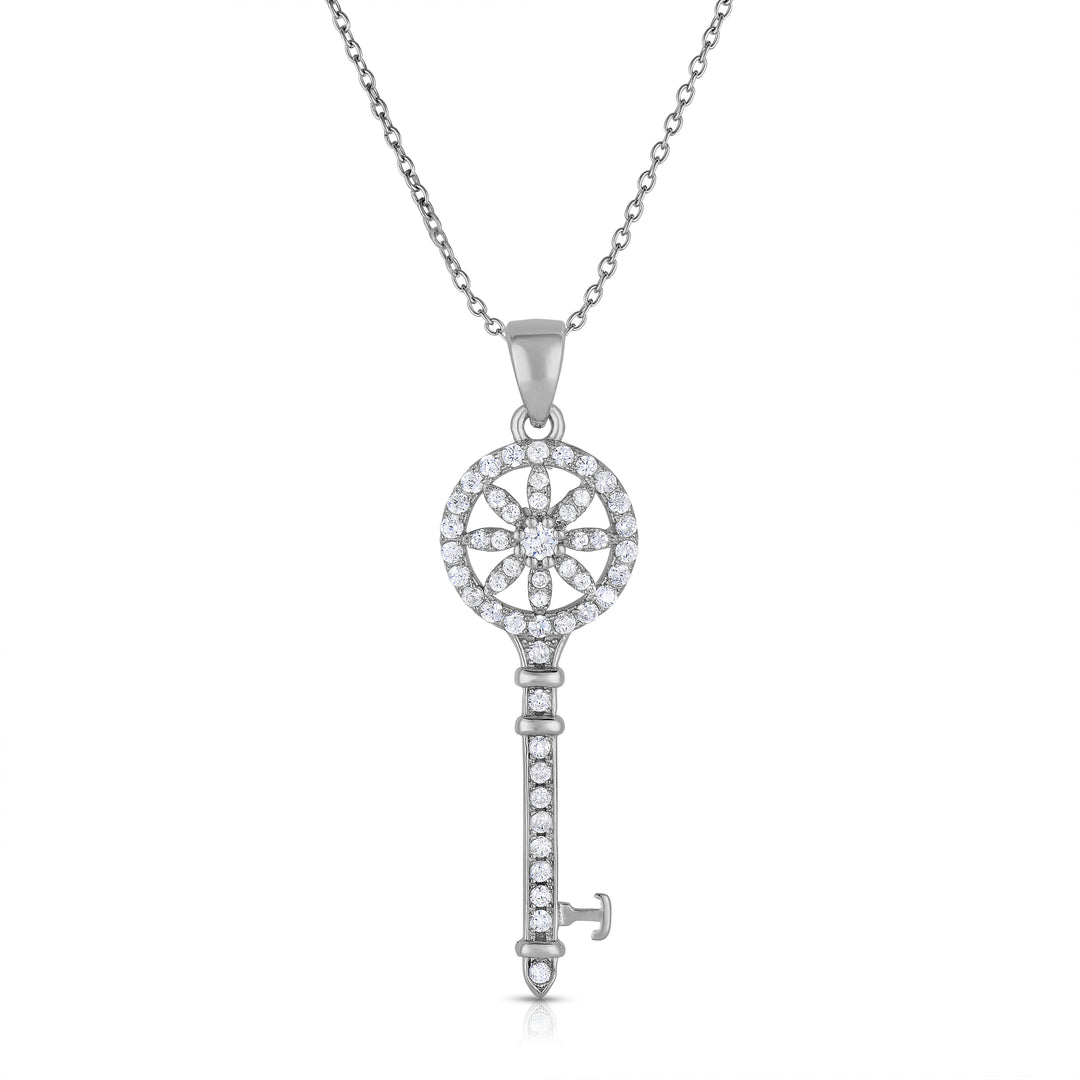 925 Sterling Silver Round Top Cubic Zirconia Key Pendant Necklace