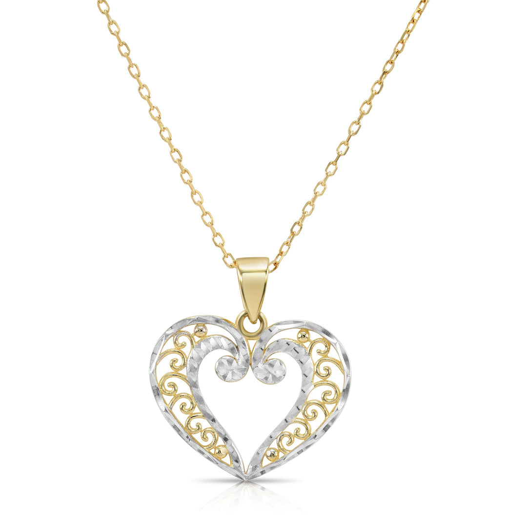 14K Two-Tone Gold Filigree Heart Pendant